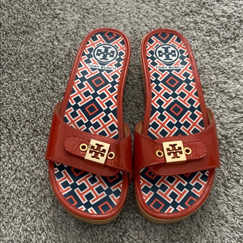Tory Burch Orange and Gold Slide Sandals